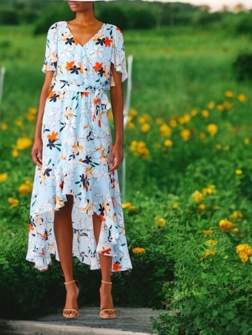 Parker Womens Demi Blue Orange Floral Botanical Silk Hi Lo Wrap Maxi Dress Sm